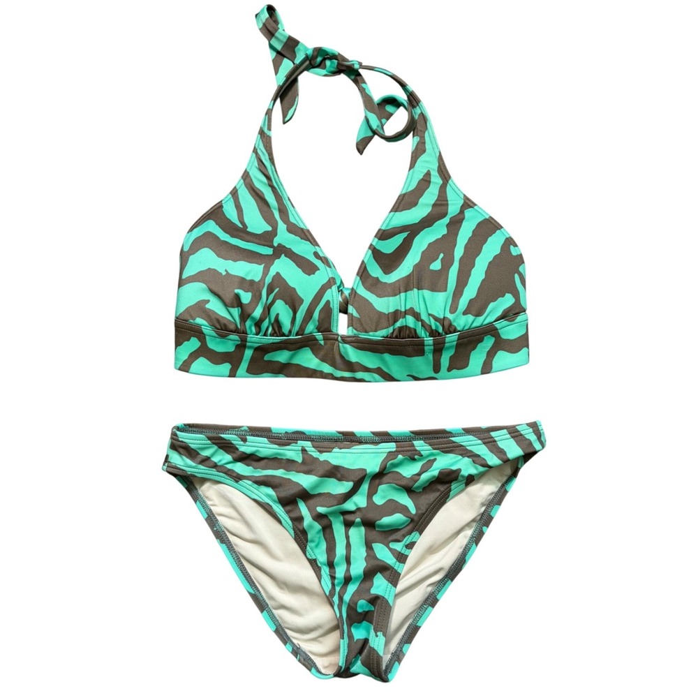 Rare 2011 Victoria's Secret Mint Green Brown Zebra Print Bikini Set Halter Top